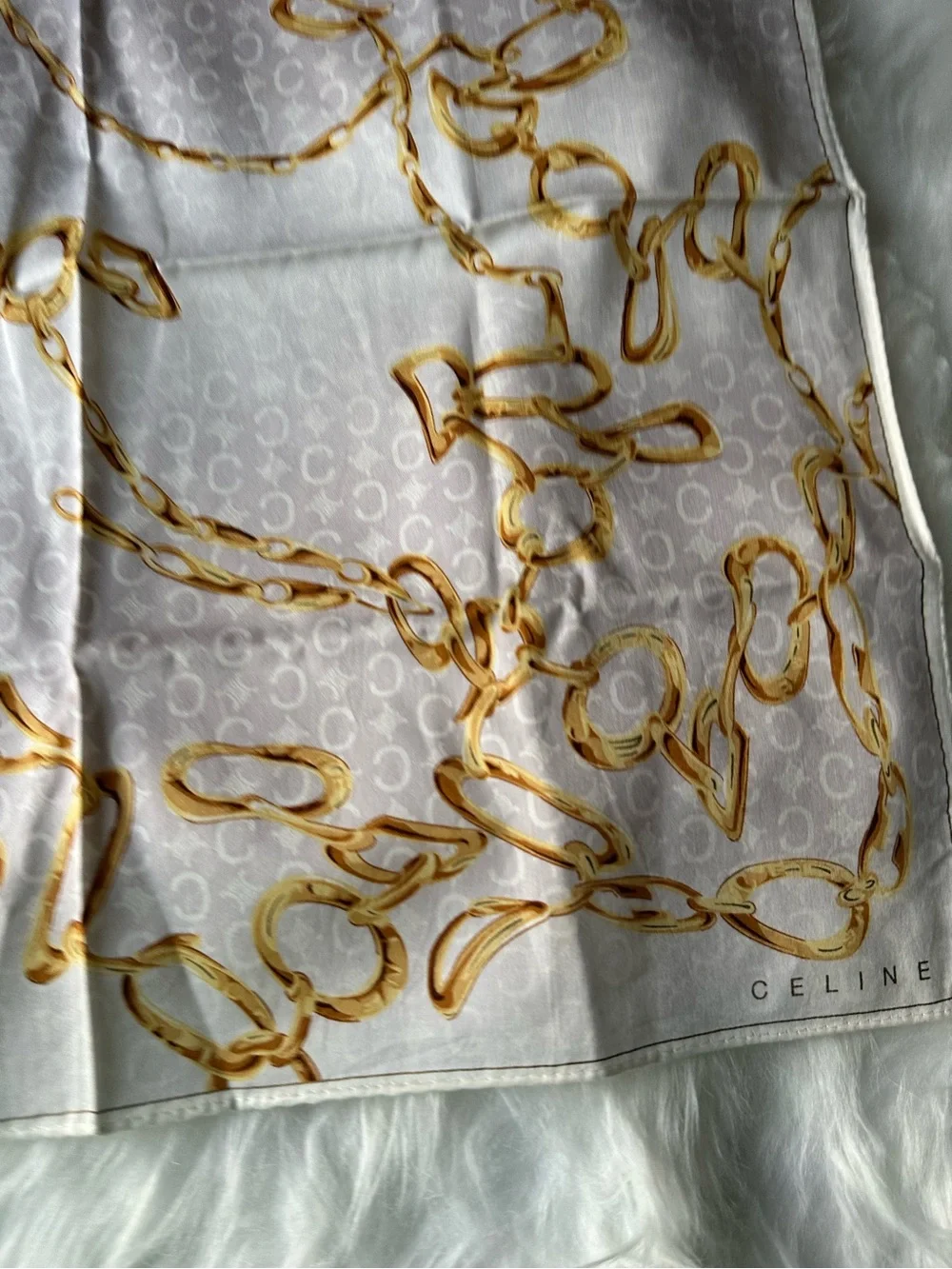 Celine Paris Vintage Gold Chain Monogram Square Scarf 19x19